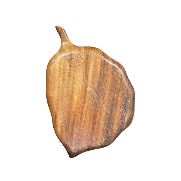 Vintage 1970s Hand Carved Hawaiian Leaf Shaped Chip & Dip Bowl - Picture 3 of 4